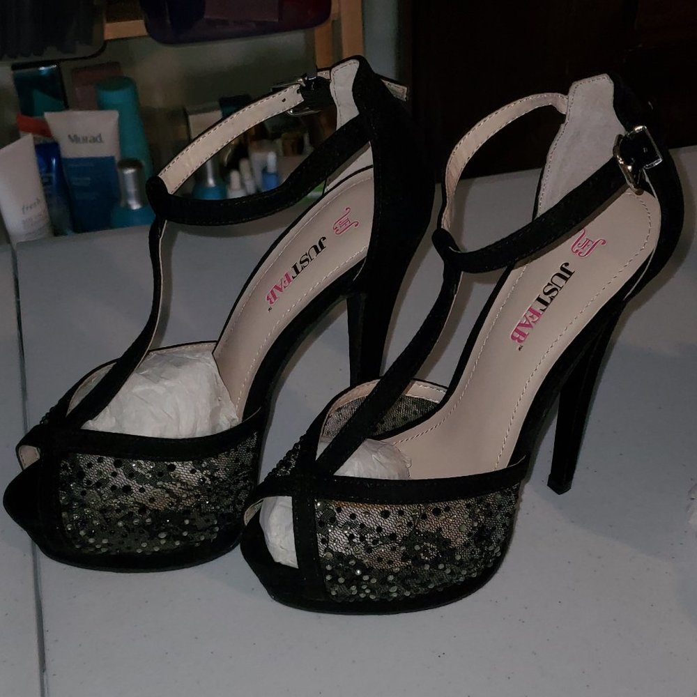 black strapy heels with rhinestones